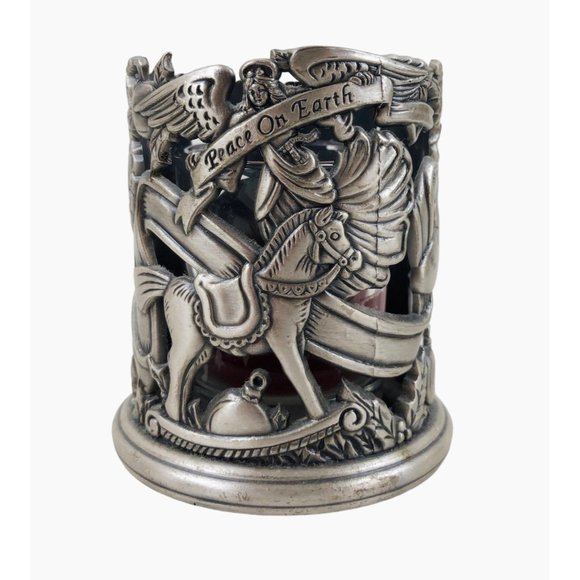 Vintage Peace On Earth Candle Votive Holder Pewter Christmas Holiday Santa - Picture 2 of 10